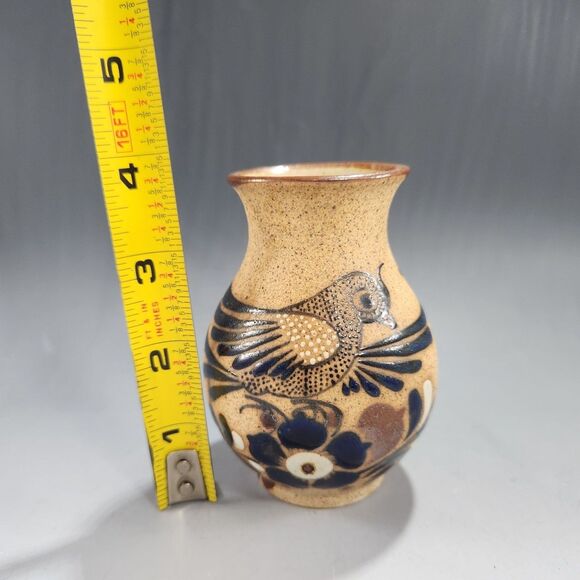 Mini Tonala Vase 4" Brush Holder Studio Pottery Hand Painted Bird Signed Mexico - Picture 4 of 11
